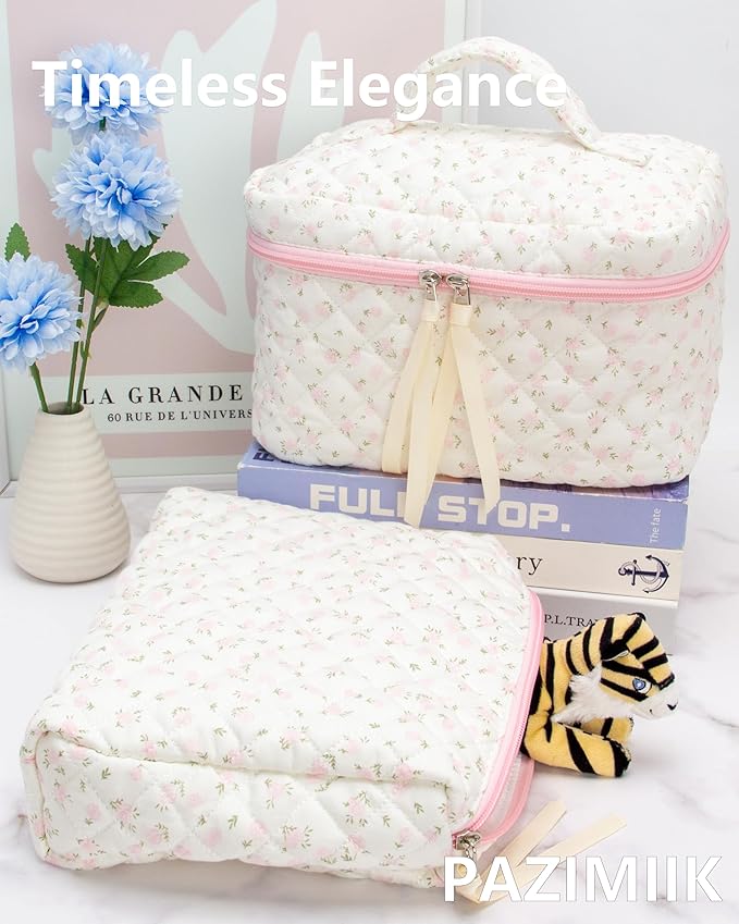 Quilted Makeup Pouch for Women, Travel Cosmetic&Toiletry Bag,Flower Pink
