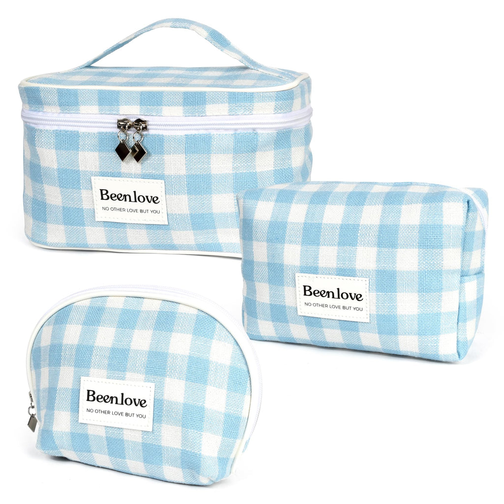FAELBATY Checkered Makeup Bag, 3 Pack Large Travel Makeup Bag Set, Cosmetic Bag for Women (Blue)