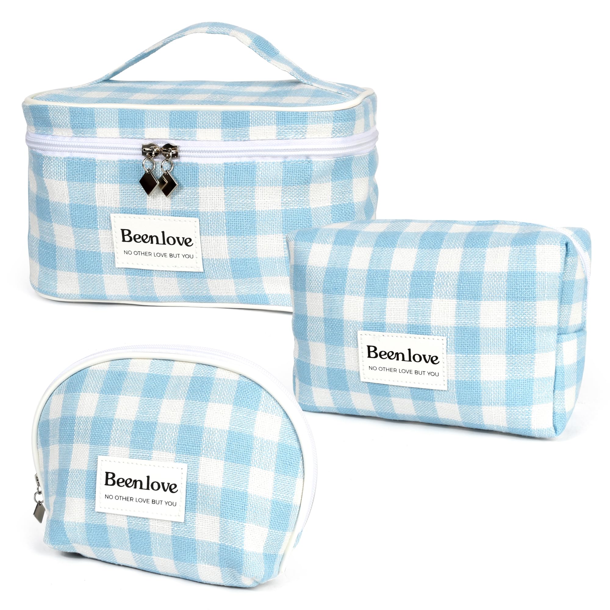 FAELBATY Checkered Makeup Bag, 3 Pack Large Travel Makeup Bag Set, Cosmetic Bag for Women (Blue)