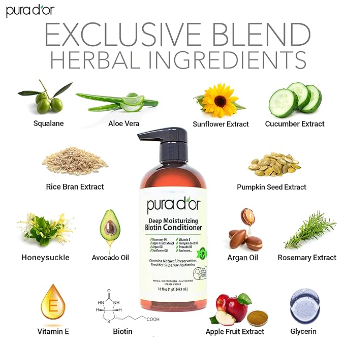 PURA D'OR Deep Moisturizing Biotin Hair Regrwoth Conditioner Thickens, Softens, & Moisturizes Dry, Frizzy, Damaged Hair w/Argan Oil, Pumpkin, Rosemary, Honeysuckle, Vitamin E, Men & Women, 16oz