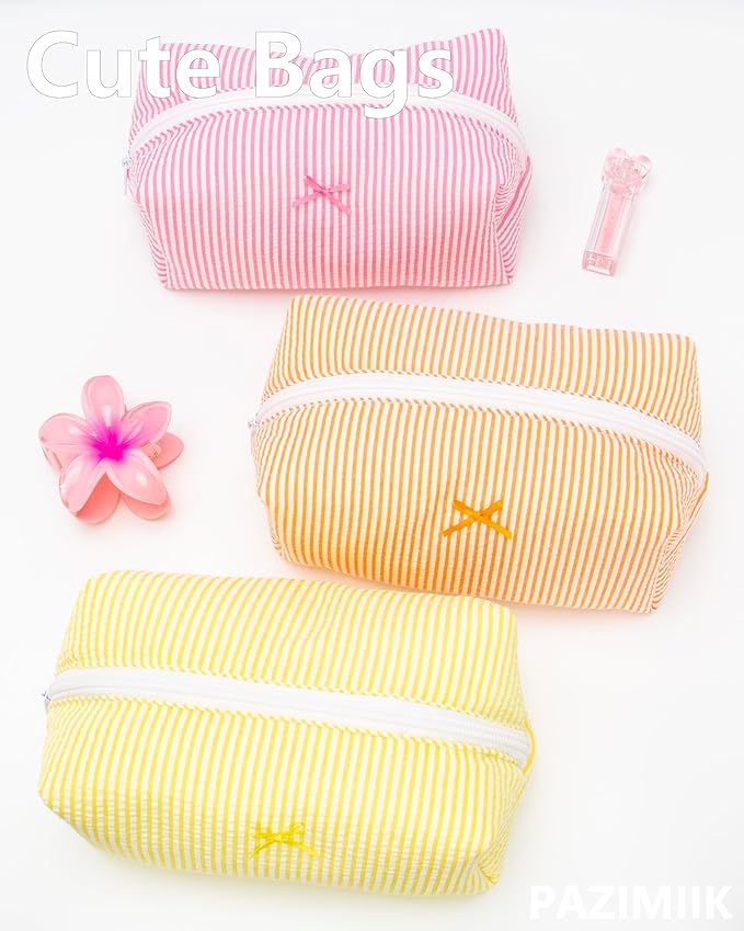 PAZIMIIK 2PCS Cozy Makeup Bag Small Aesthetic Travel Zipper Cosmetic Pouch for Women Make Up Beauty Accessories Brushes, Stripe Orange
