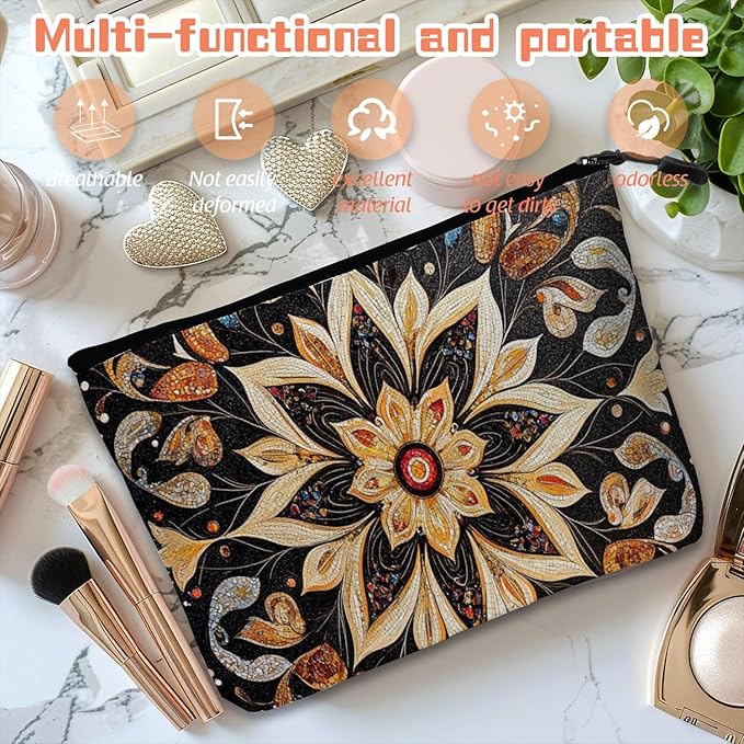 Scribesense Cosmetic Bags Travel Makeup Toilet Case Waterproof Pouch for Women Girls 6.7X9.45inches - Symmetrical Gold Flower Pattern