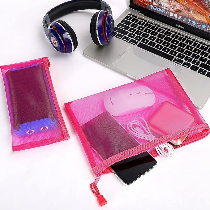 Sinzip 12 Pieces Zipper Nylon Mesh Pouch, Mesh Cosmetic Bags Makeup Bags Pencil Case, Multipurpose Travel Bags for Cosmetic School Office Supplies and Travel Accessories (Hot Pink, A5+B6)