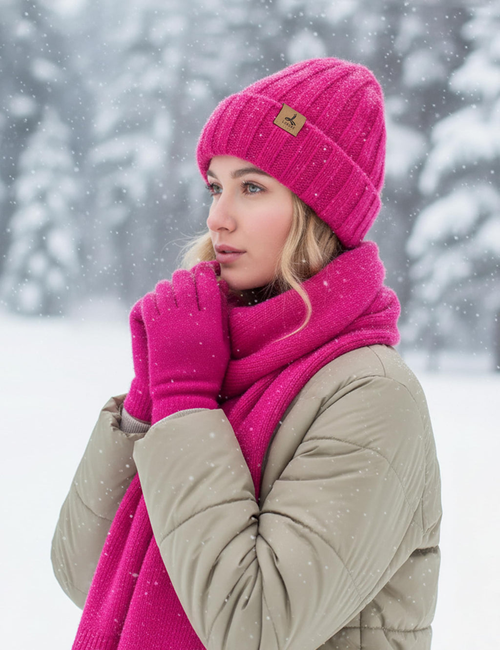 LOROME Winter Beanie Hat Gloves Scarf, Cashmere Hat Gloves Scarf Set Women