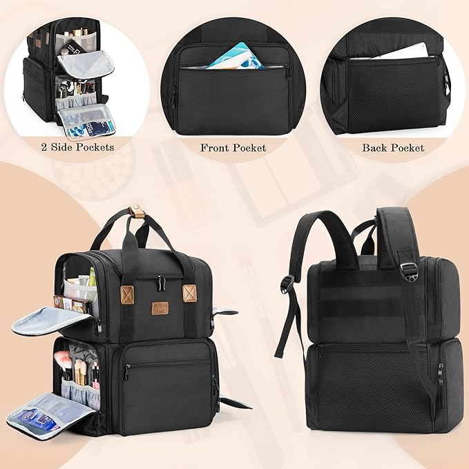BAFASO Travel Makeup Bag with 3 Inner Removable Pouches, Black