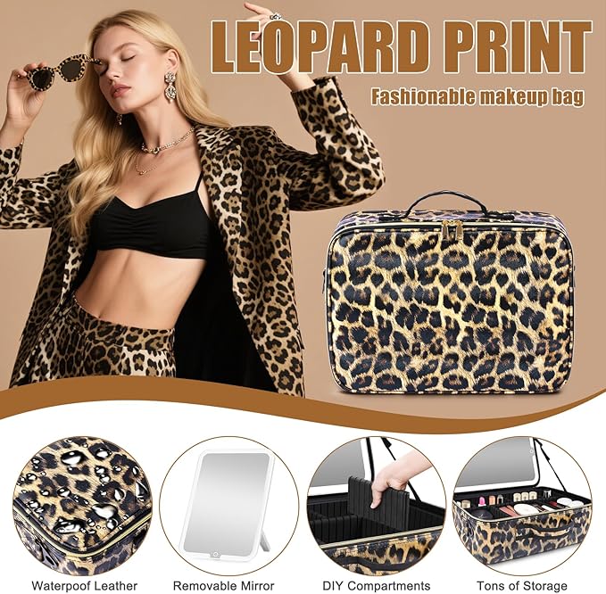 15''X11'' Large Makeup Bag with Removable Lighted Mirror, PU Leather