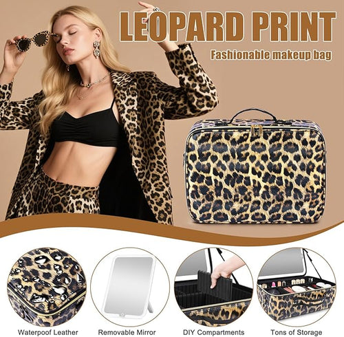 15''X11'' Large Makeup Bag with Removable Lighted Mirror, PU Leather