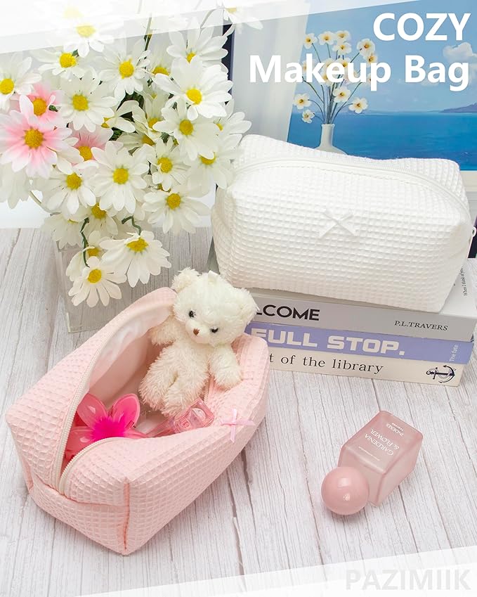 PAZIMIIK Cozy Makeup Bag for Women,Zipper Cosmetic Pouch,Waffle Pink,2 Pack