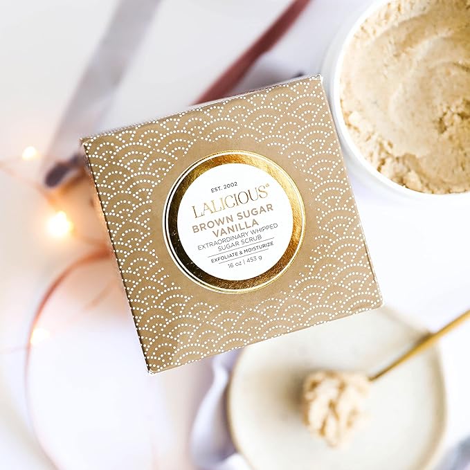 LALICIOUS Brown Sugar Vanilla Exfoliating & Moisturizing Body Scrub | Coconut Oil | Pre-Shave Scrub for Ingrown Hairs & Razor Bumps | Gently Buffs & Smooths Sensitive Skin | No Parabens Large 16oz