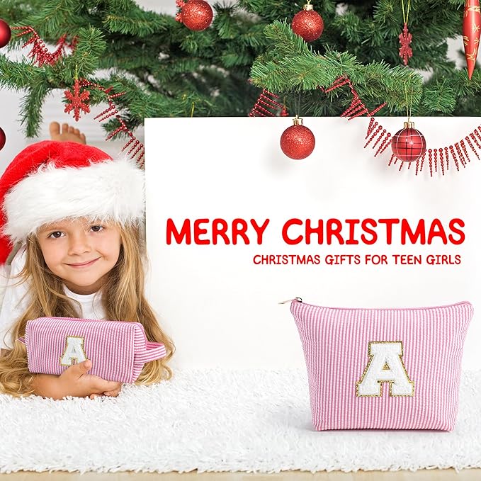 YOOLIFE Birthday Gifts for Women Teen Girls Kids Initial Makeup Bag Pink A
