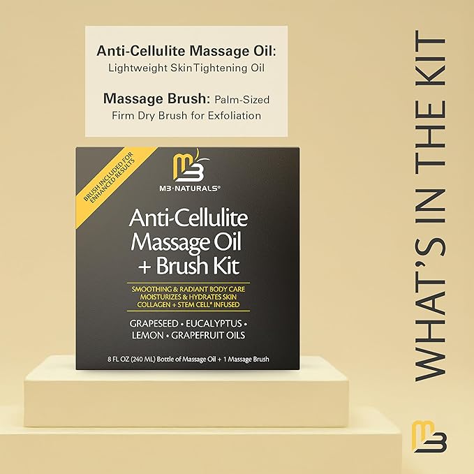 Anti Cellulite Massage Oil and Firm Dry Body Brush Kit, 8 fl oz by M3