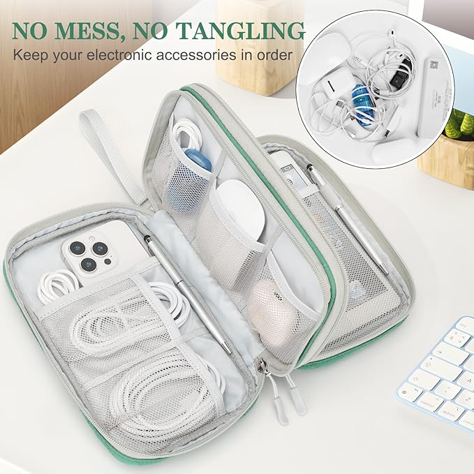 FYY Electronic Organizer, Travel Tech Pouch Bag, Large, Green Quilted