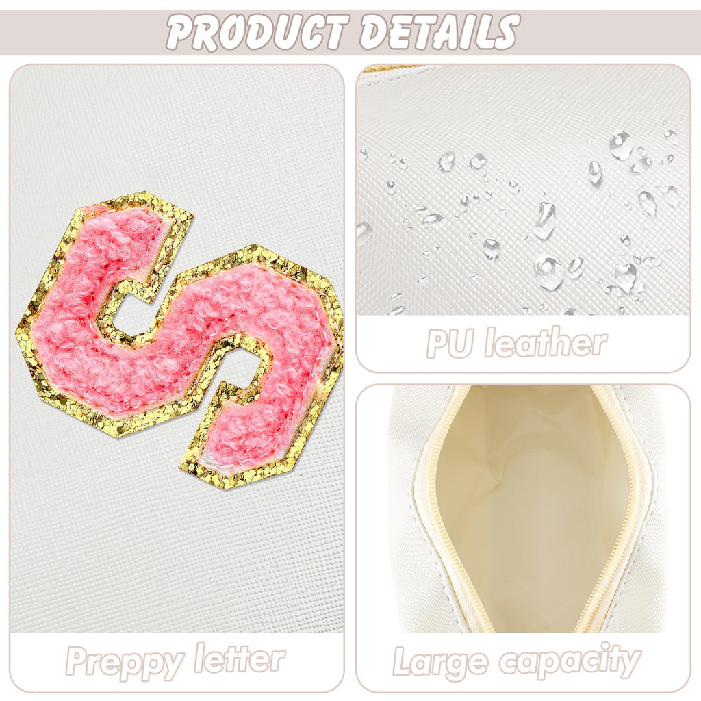URSKYTOUS Initial Makeup Bag Personalized Preppy Travel Small Cosmetic Bag Cute PU White Chenille Letter Makeup Pouch for Purse Waterproof Zippered Toiletry Organizer for Women Girls Kids Friends (S)