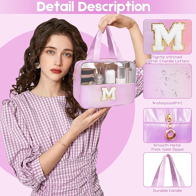 Personalized Initial K Clear Purple Makeup Bag - Large Travel Toiletry Bag, Cute Cosmetic Organizer Set for Girlfriend, Teacher, Teen Girl Gifts