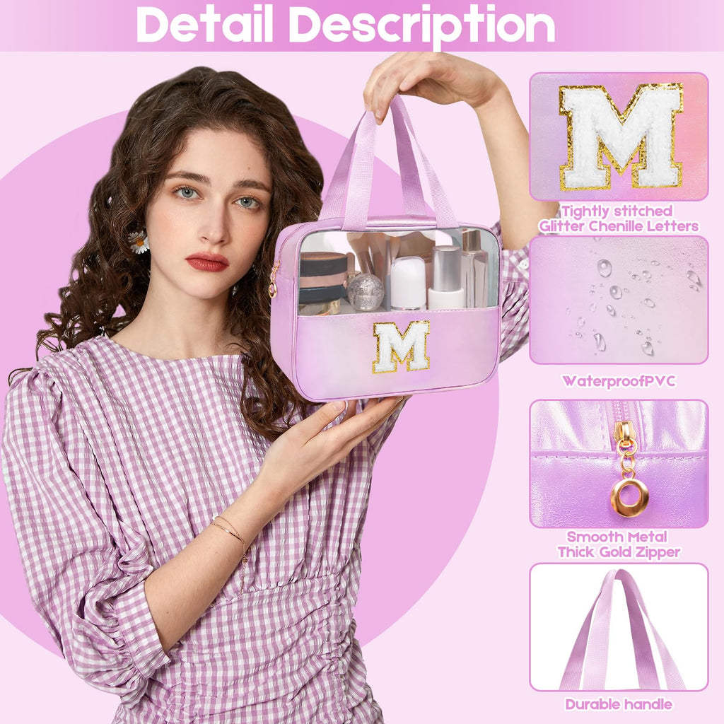 Junesters Personalized Initial K Clear Purple Makeup Bag - Large Travel Toiletry Bag, Cute Cosmetic Organizer Set for Girlfriend, Teacher, Teen Girl Gifts