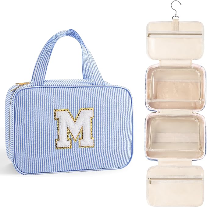 TOPEAST Travel Hanging Toiletry Bag, Personalized Initial Toiletry Pouch, Birthday Gifts for Women Mom Daughter Sister Friends, Cruise Essentials, Blue M