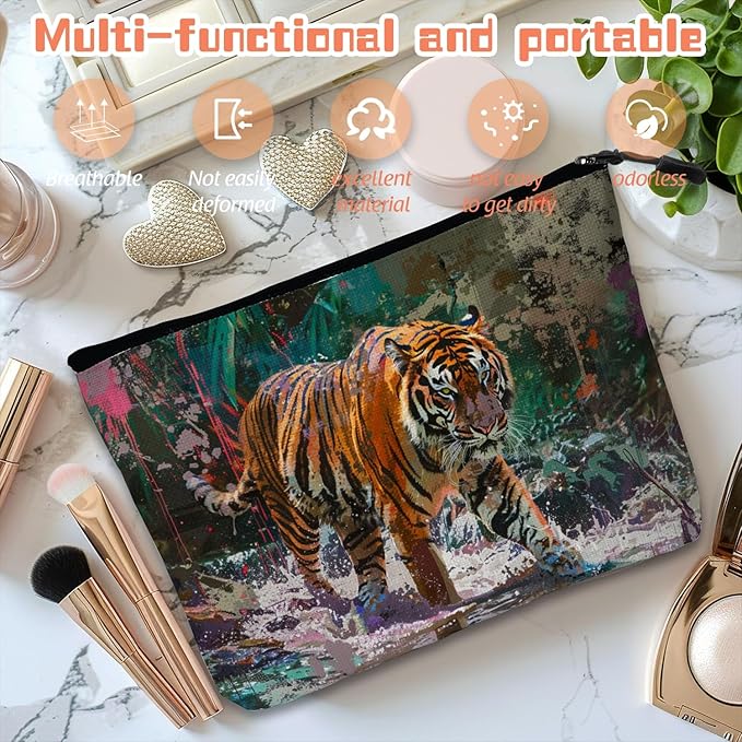Scribesense Cosmetic Bags Travel Makeup Toilet Case Waterproof Pouch for Women Girls 6.7X9.45inches - Artistic Tiger Walking Through A Splash - Filled Jungle