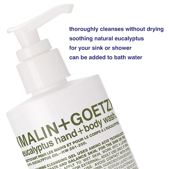 MALIN+GOETZ Hand + Body Wash | Gentle Foaming Cleanser with Botanical Extracts and Amino Acids | Hydrating, pH-Balanced, Unisex Scent | Vegan & Cruelty-Free (Eucalyptus, 8.5 Fl Oz)