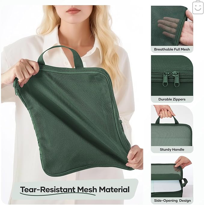 Veken 9/11 Set Compression Packing Cubes Garment Bags for Travel Essentials,Compressible Expandable Luggage Organizer Bags for Clothing,Space Saver Bags with Over 1000 pcs of Mesh Holes(Dark Green)