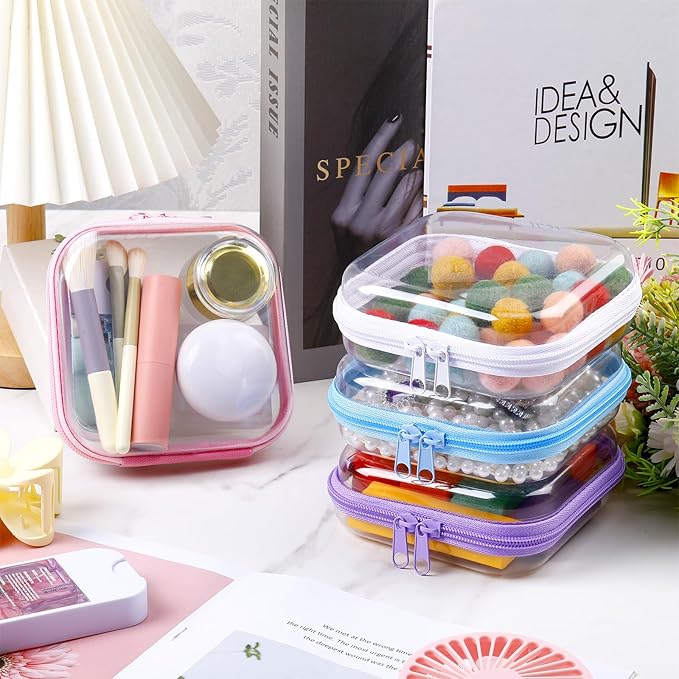 Hoolerry 4 Pcs Hard Clear Zipper Case Makeup Bags Plastic Zipper Pouch Transparent Storage Box Containers for Cosmetics, Snacks, Building Blocks, Puzzles(Clear,5 x 5 x 2 in,Multicolor)