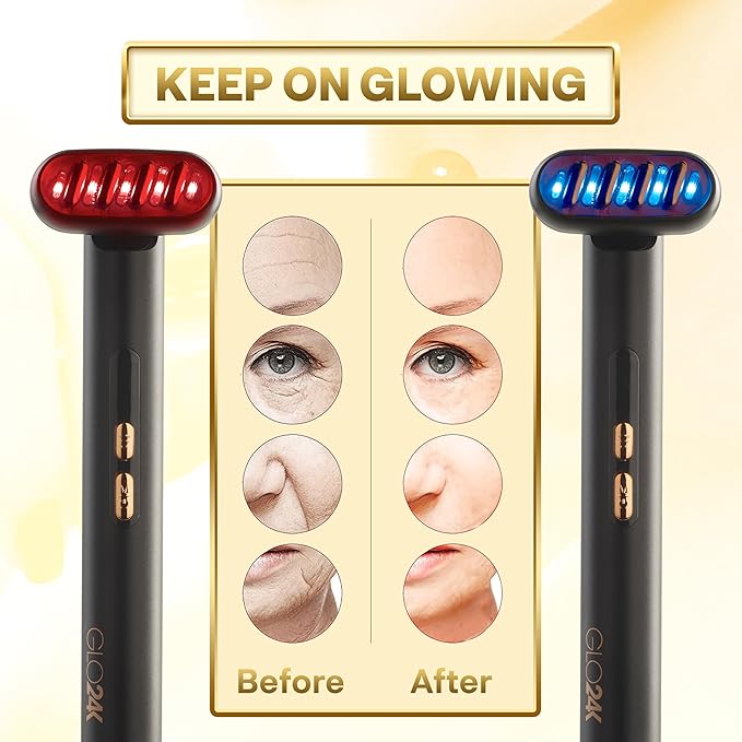 GLO24K 6-in-1 LED Beauty Wand for Face, Neck and Eye Area - Red & Blue LED Facial Wand with Gentle Warming, Vibration, Microcurrent Mode and 3 Intensity Levels