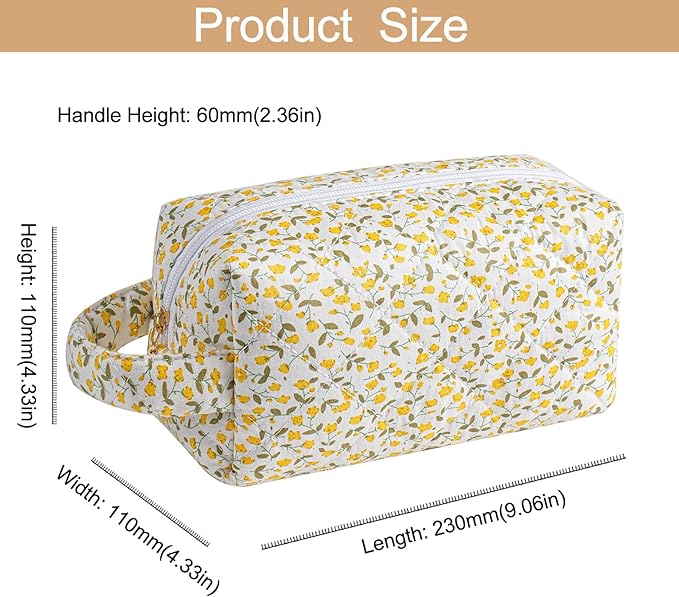 HHQQWZ Makeup Bag Travel Cosmetic Bag for Women, Zipper Make Up Pouch, Floral Flowers Toiletry Organizer Makeup with Handle, Cosmetic Travel Cloth Bag (Yellow Floral)