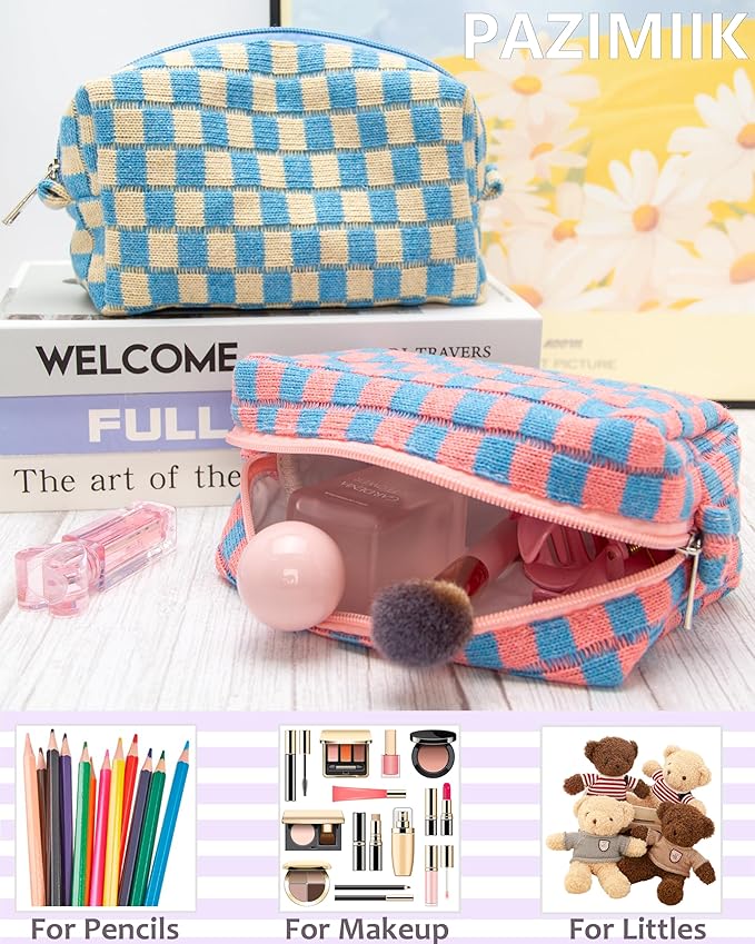 Checkered Makeup Bag for Purse, Small Travel Cosmetic Pouch,Red Blue