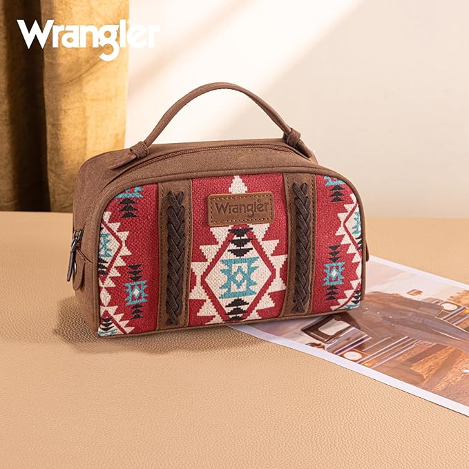 Montana West Wrangler Makeup Bag Travel Cosmetic Bag Small Western Make Up Pouch Portable Toiletry Bag for Women Organizer for Toiletries Accessories, Travel Essentials,Aztec,WG-MB-2203-190-RD