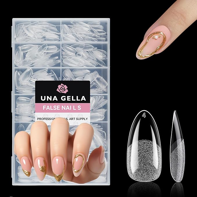 UNA GELLA Medium Almond Nail Tips, 312pcs Gel Nail Tips Almond Shape Pre Etched Full Cover Clear Fake Acrylic Pointed Press On Nails No C Curve for Nails Extension Art DIY Salon 12 Sizes