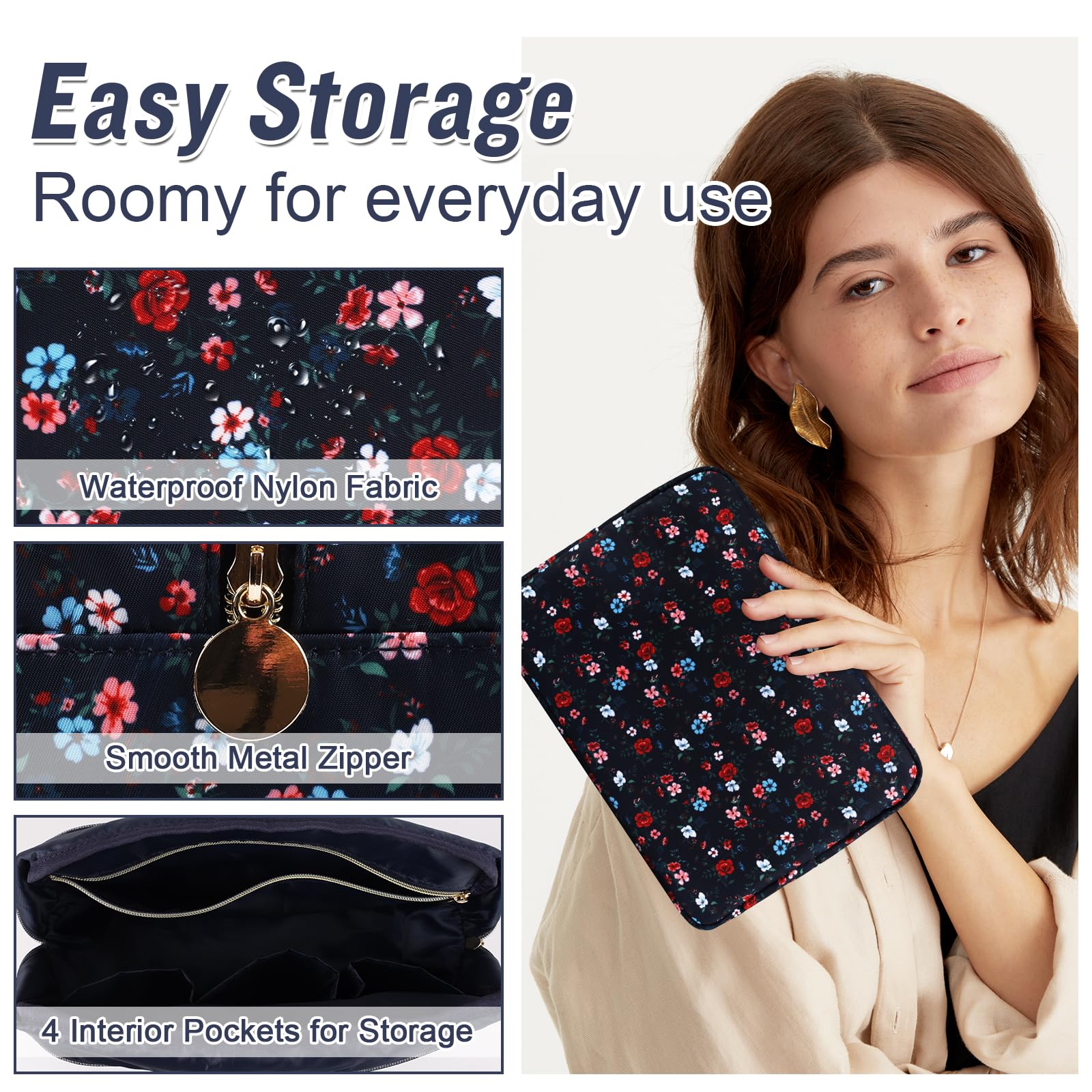 Nylon Large Floral Makeup Organizer Bag, Preppy Big Cute Flower Cosmetic Zipper Pouch Multi-compartment with Dividers, Waterproof Toiletry Makeup Brushes Travel Essentials for Women(Navy Blue-Flower)