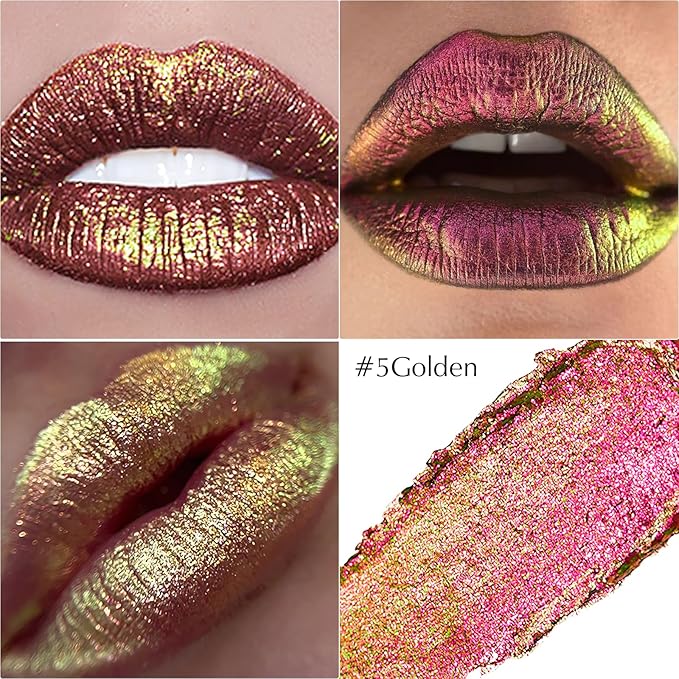 Wugbc Gold Holographic Glitter Lipstick Makeup, Metallic Lip Stick Long Lasting Lightweight Non-Sticky Hydrating Lip Tinted Full Coverage High-Shine Shimmer Chameleon Lipstick for Women