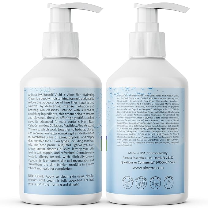 Alozera Hydrating Body Lotion with Hyaluronic Acid & Aloe Vera, Body Moisturizer Cream for Dry Skin, Refreshing Hydration, Lightweight & Fast Absorbing, No Added Fragrance, 16.9 Ounce