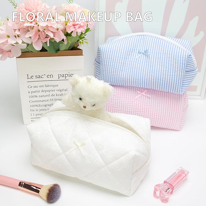 PAZIMIIK Cozy Makeup Bag for Women,Zipper Cosmetic Pouch,Embroidery White