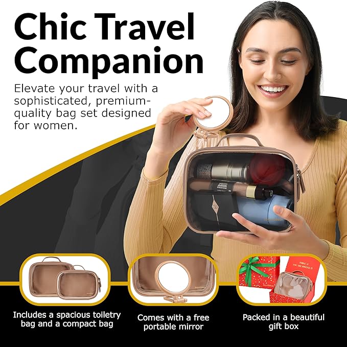 Clear Makeup Bag Set, Travel Cosmetic Bags with Transparent TPU Front, 3PCS (Large & Small Pouches + Compact Mirror), Saffiano PU Leather Toiletry Organizer for Women, Nude