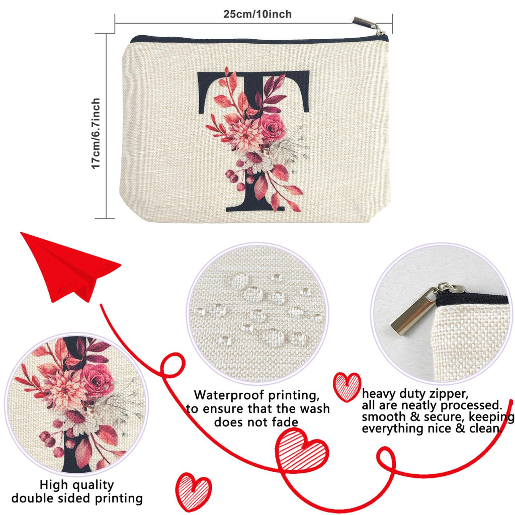 Initial A-Z Personalized Floral Makeup Bag, Monogrammed Birthday Gifts for Women Mom, Mothers Day Christmas Gift Ideas for Best Friend, Bride Bridesmaid, Her, Grandma, Small Travel Cosmetic Bag (T)
