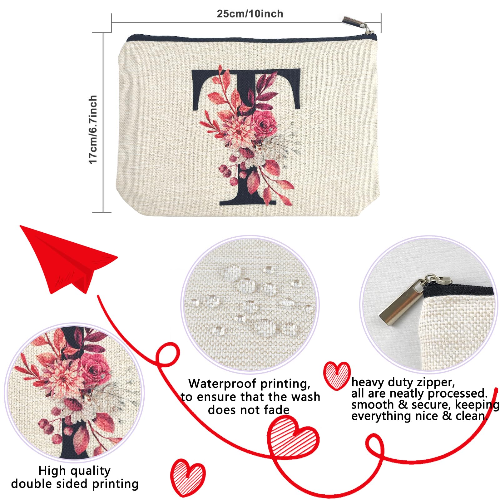 Initial A-Z Personalized Floral Makeup Bag, Monogrammed Birthday Gifts for Women Mom, Mothers Day Christmas Gift Ideas for Best Friend, Bride Bridesmaid, Her, Grandma, Small Travel Cosmetic Bag (T)