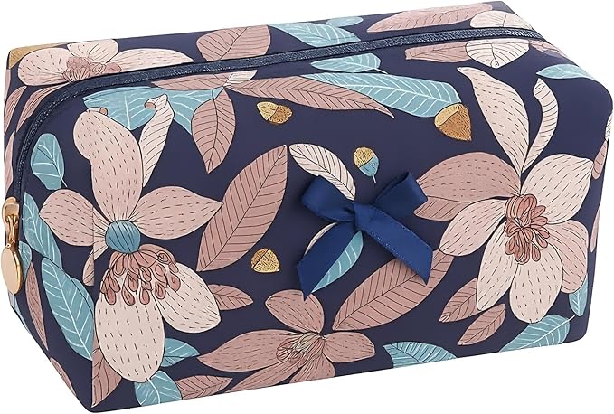 OIMEI Floral Quilted Cotton Makeup Bag for Women, Large Capacity Travel Cosmetic Pouch with Zipper, Cute Toiletry & Brush Organizer, Kawaii Makeup Storage Case – Navy Big Floral
