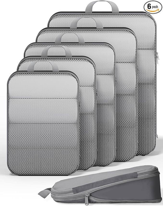 Veken 6/9/11 Set Compression Packing Cubes Garment Bags for Travel Essentials,Compressible Expandable Luggage Organizer Bags for Clothing,Space Saver Bags with Over 1000 pcs of Mesh Holes(Gray)