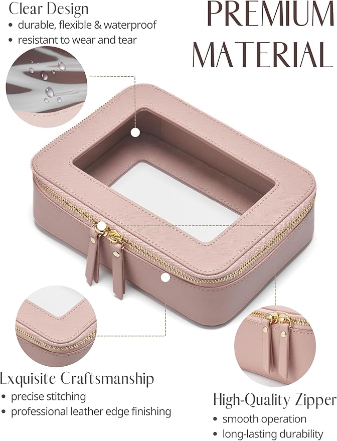 Popvibe Clear Makeup Case Toiletry Bag Travel Clear Cosmetic Bag with Zipper, Small Make Up Bag Traveling, Pink, Medium