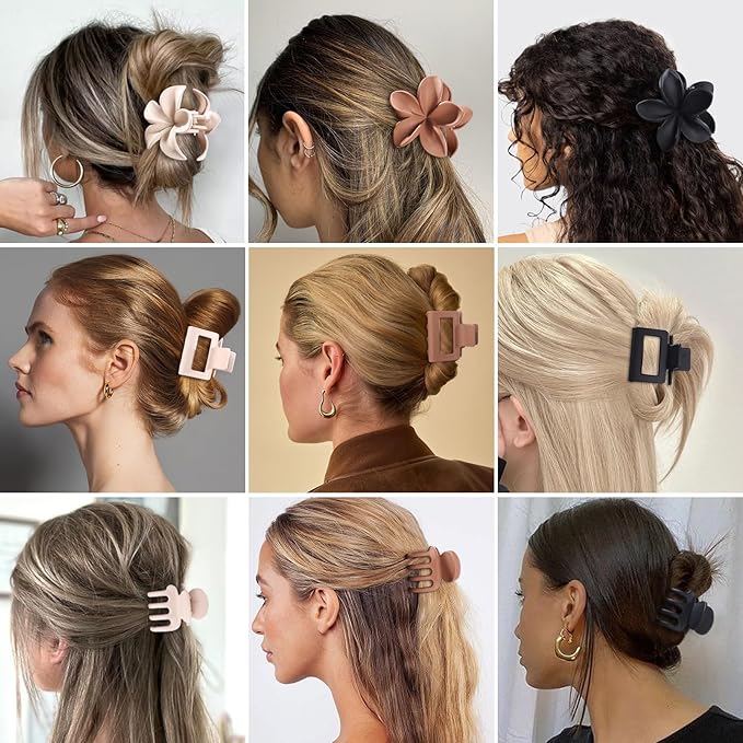 Hair Clips for Women 9 Pack Medium Claw Clips, No Slip Strong Hold Hair Clips for Thick & Thin Hair, Flower Square Aesthetic Styles for Everyday Styling, Trendy Hair Accessories (Brown)