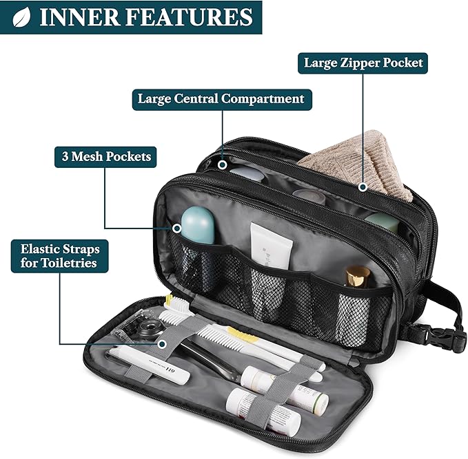 PAVILIA Toiletry Bag for Men, Travel Toiletries Bag | Water-resistant Dopp Kit, PU Leather Shaving Pouch Organizer for Accessories, Cosmetic, Hygiene, Grooming Essentials (XL, Black)