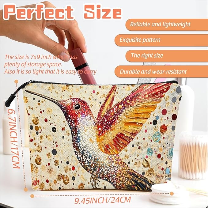 Scribesense Cosmetic Bags Travel Makeup Toilet Case Waterproof Pouch for Women Girls 6.7X9.45inches - Gorgeous Speckled - Hummingbird Art