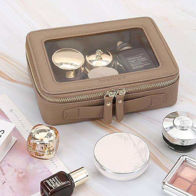 Aveniee Clear Makeup Bag for Women, Small Toiletry Travel Bag with Zipper, Portable Cosmetic Organizer Pouch for Skincare, Car Organizer Storage Bag for Essentials, Taupe,Medium Classic