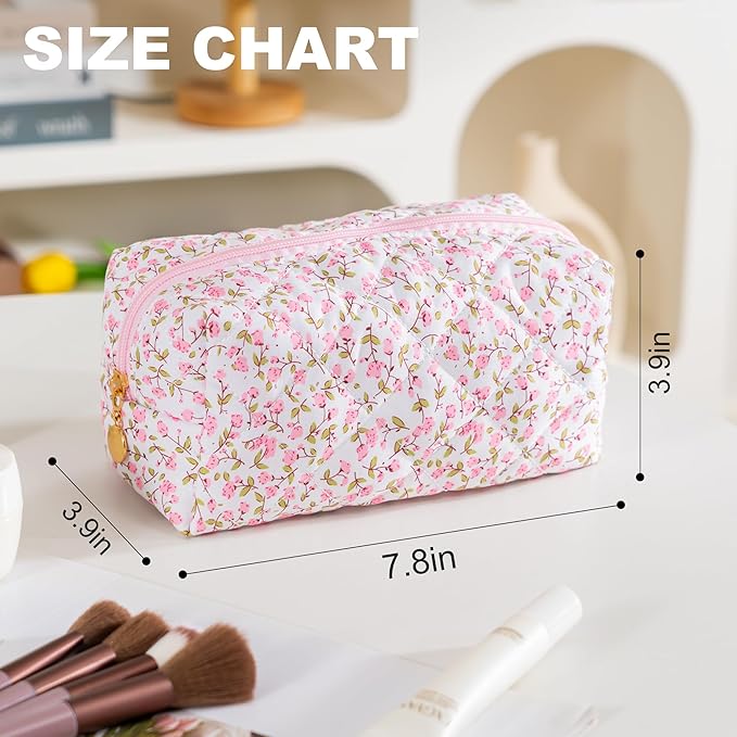 UUYUUY Makeup Bag Travel Toiletry Bag for Women, Small Cosmetic Bags Cute Quilted Cotton Makeup Pouch for Purse Emergency Bag Floral Pencil Case Accessory Bag, Pink
