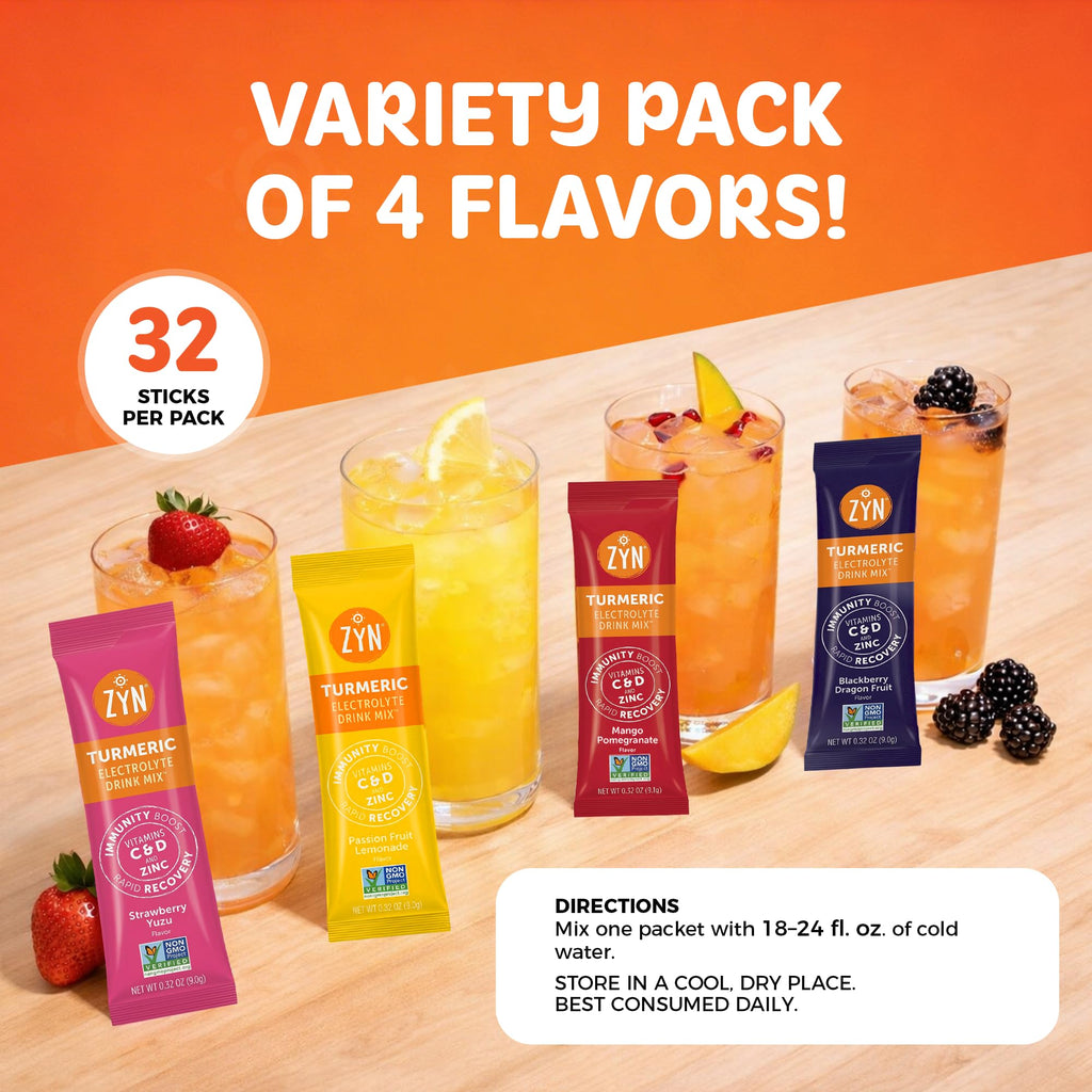 ZYN Electrolyte Drink Mix Hydration Packets, Electrolytes Powder, Hydration Packets w/Turmeric Curcumin, Vitamin C and D, Zinc, Hydrate Electrolyte Powder Packets for Wellness, Variety Pack of 32