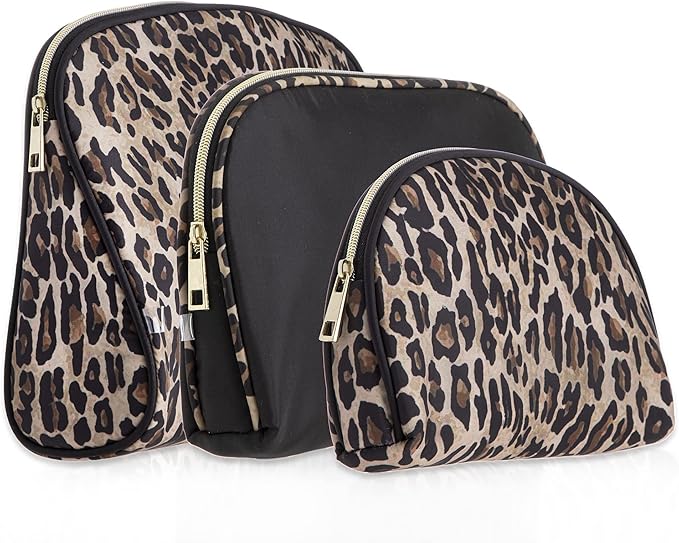 Once Upon a Rose 3 Pc Cosmetic Bag Set, Purse Size Makeup Bag for Women,Toiletry Travel Bag, Makeup Organizer,Cosmetic Bag for Girls Zippered Pouch Set, Large, Medium, Small (Brown and Black Leopard)