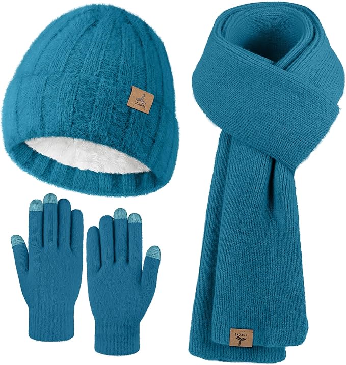 LOROME Winter Beanie Hat Gloves Scarf, Cashmere Hat Gloves Scarf Set Women