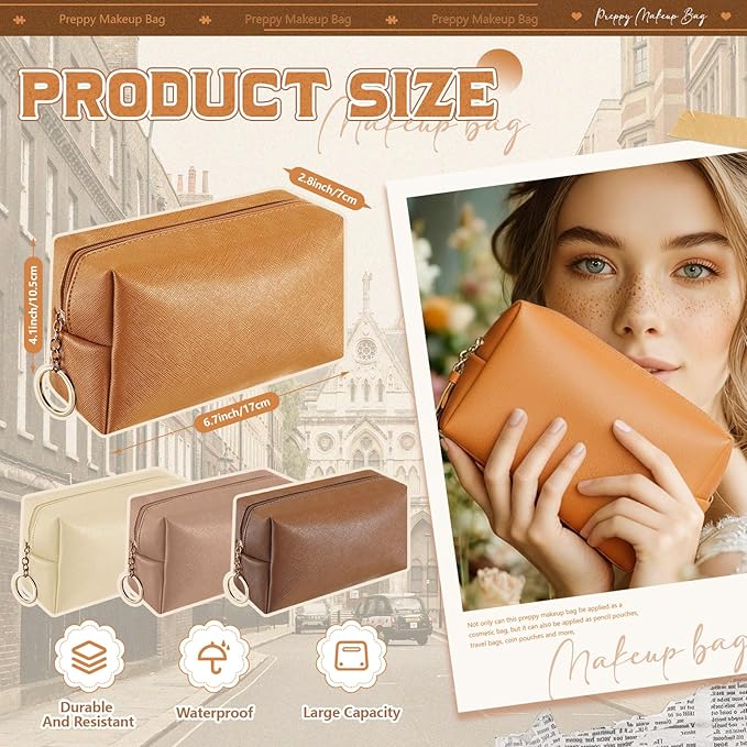 Chunful 24 Pcs Preppy Makeup Bag PU Leather Cosmetic Bag Bulk Makeup Plain Pouch Waterproof Toiletry Purse for Women Traveling Preppy Pencil Case Valentine's Day Gifts(Brown Series)