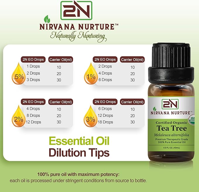 Nirvana Nurture Tea Tree Essential Oil, USDA Certified Organic, 100% Pure Undiluted, Aromatherapy Oil for Diffuser, Hair & Skin Care