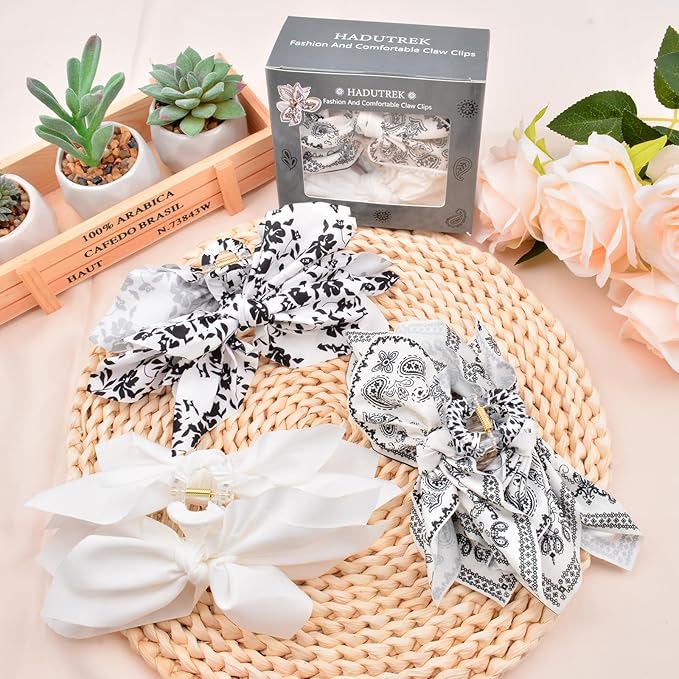 Hadutrek Bow Claw Clips Bow Hair Clips White 3PCS Big Hair Bows for Women Butterfly Styling Large Hair Clips for Thick Hair for Girls Hair Accessories for Teen